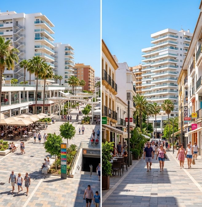 Vistas de la Plaza de la Nogalera, los edificios residenciales y las galerías comerciales de La Nogalera en Torremolinos, Málaga